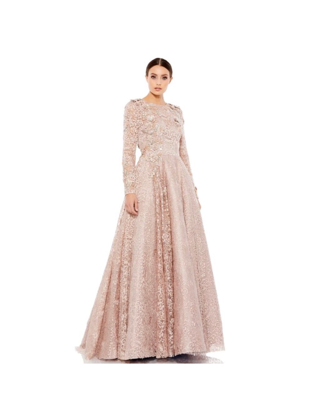 Mac Duggal NWT 11121 Mocha Embellished Long Sleeve Illusion A-Line Gown Size 6 - Picture 2 of 2